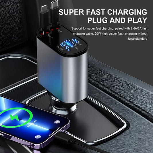 Retractable Car Charger 100W, 4 in 1 Fast Car Phone Charger, 2 Retractable Cables 31.5 Inch and 2 USB Ports Car Charger Adapter, Compatible with iPhone 15/14/13/12/11 Pro Max/XR/XS,Samsung,Pixel,iPad